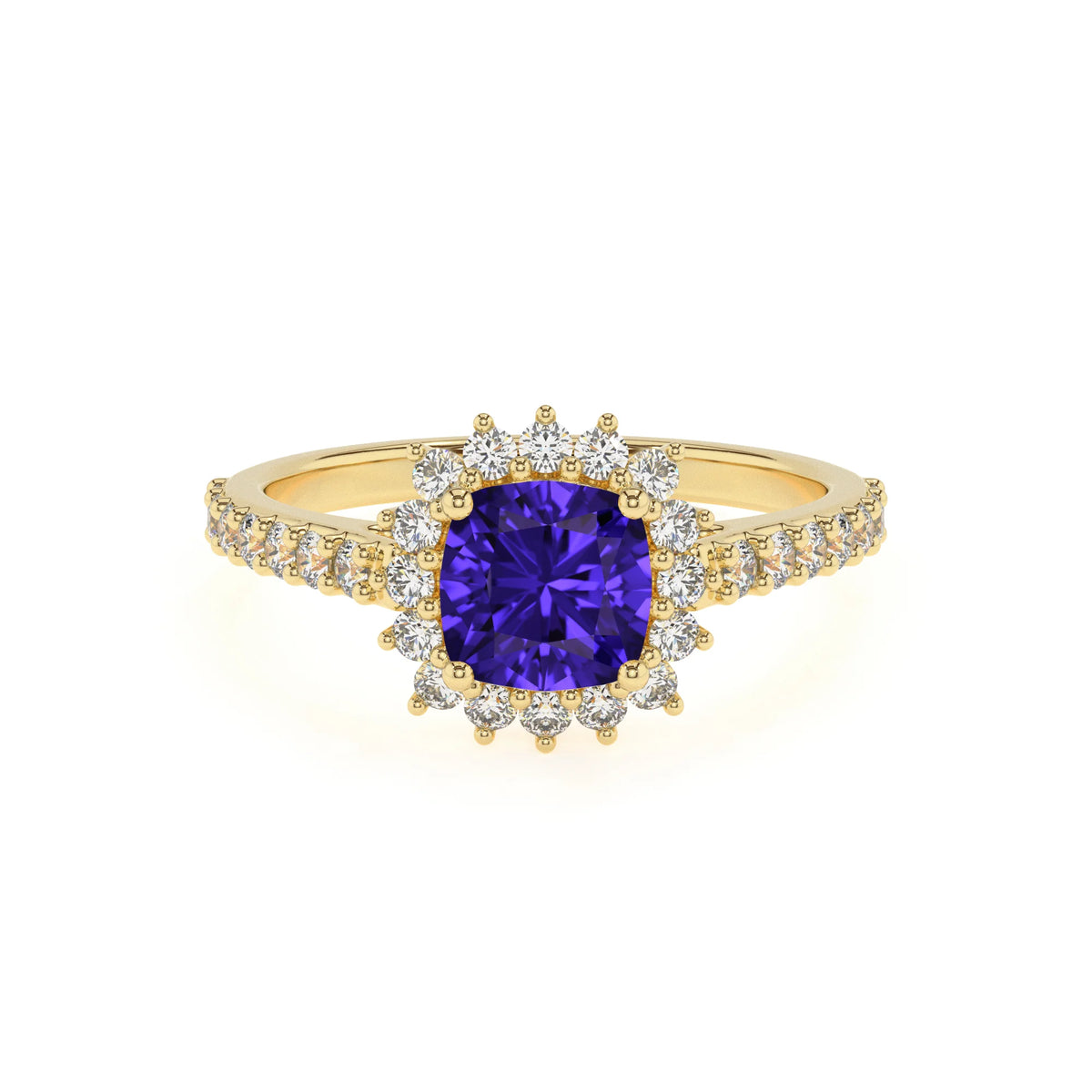 lab grown tanzanite cushion solitaire rings in yellow gold 