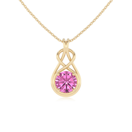lab grown pink-sapphire round solitaire necklaces in yellow gold 