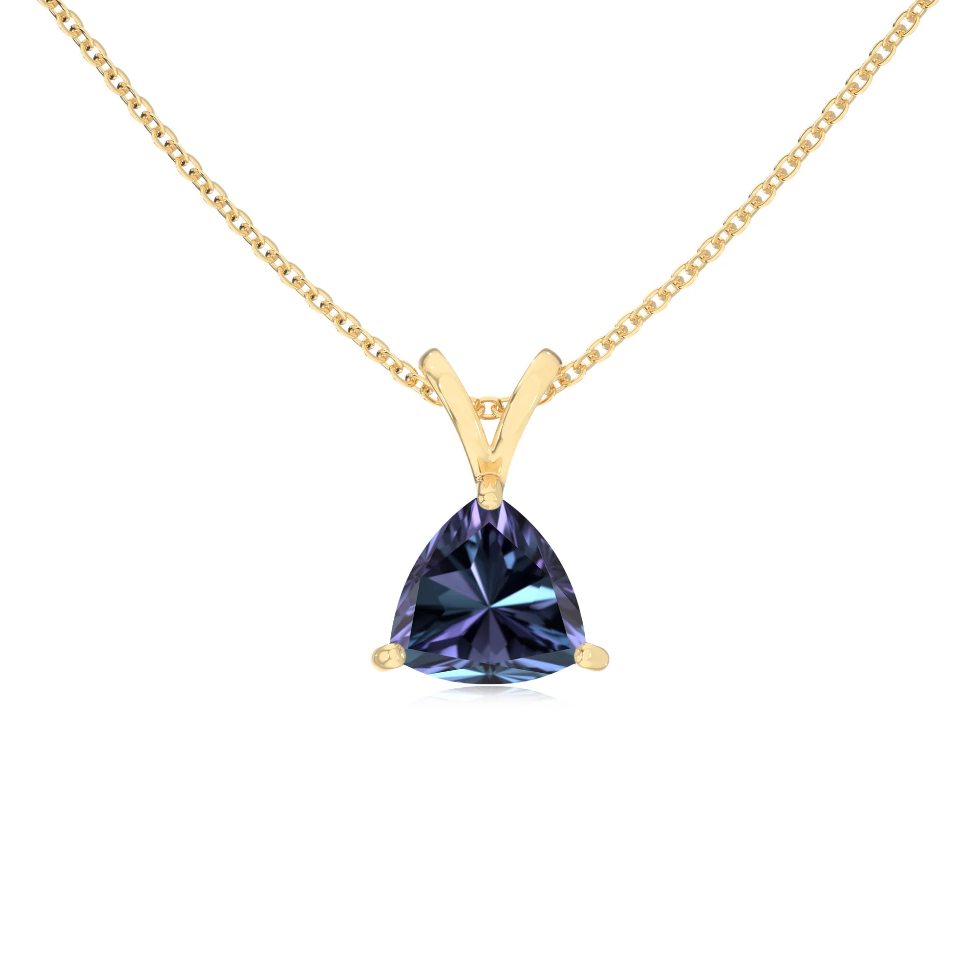 lab grown alexandrite trillion solitaire v-bale necklaces in yellow gold 