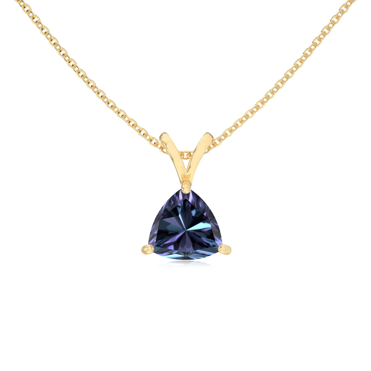 lab grown alexandrite trillion solitaire v-bale necklaces in yellow gold 
