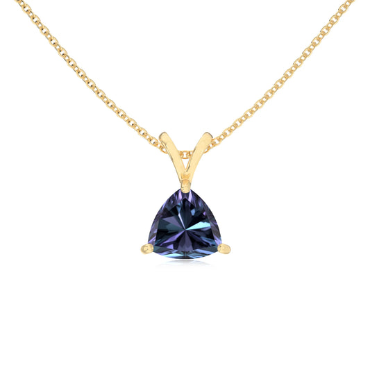 lab grown alexandrite trillion solitaire v-bale necklaces in yellow gold 