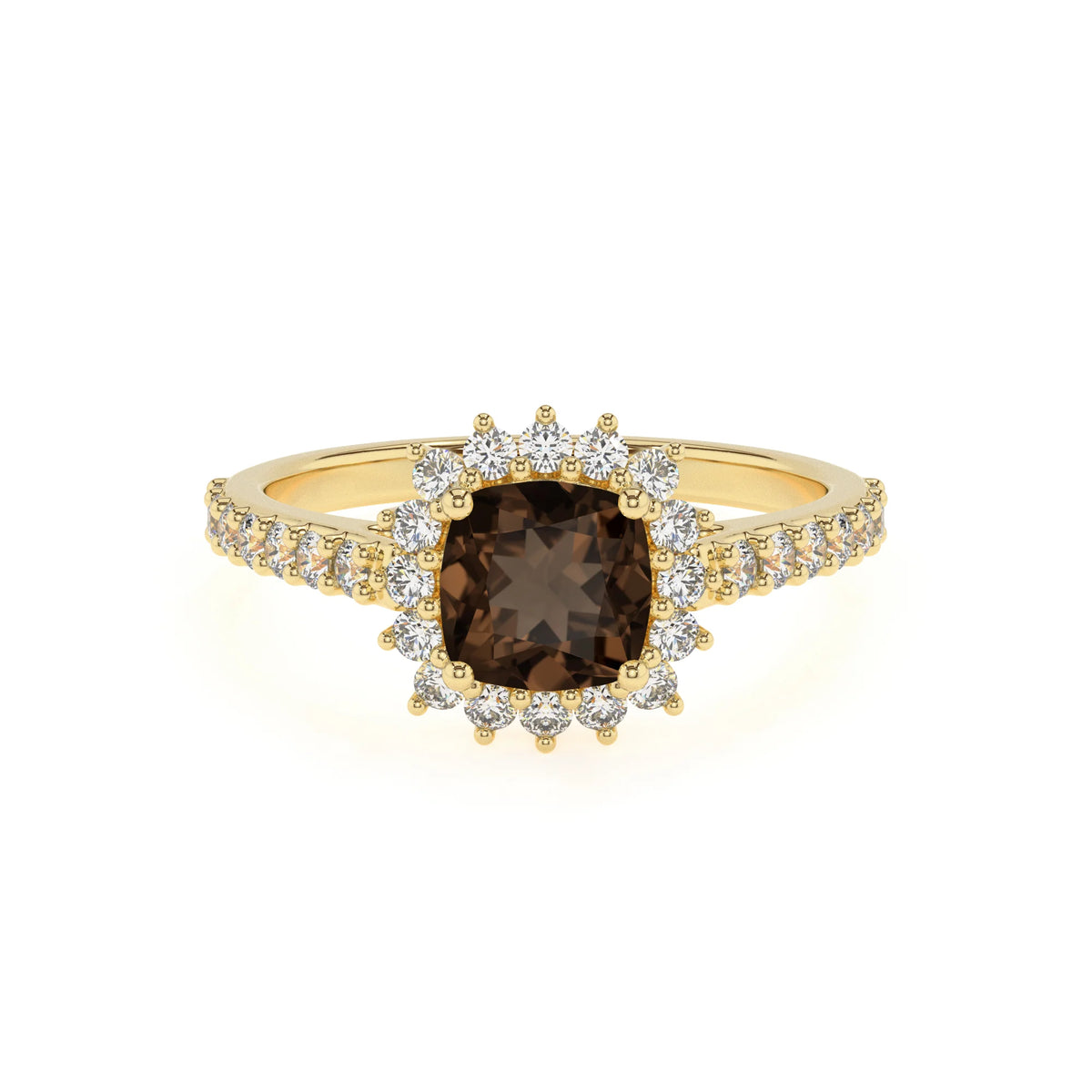 natural smoky-quartz cushion solitaire rings in yellow gold 