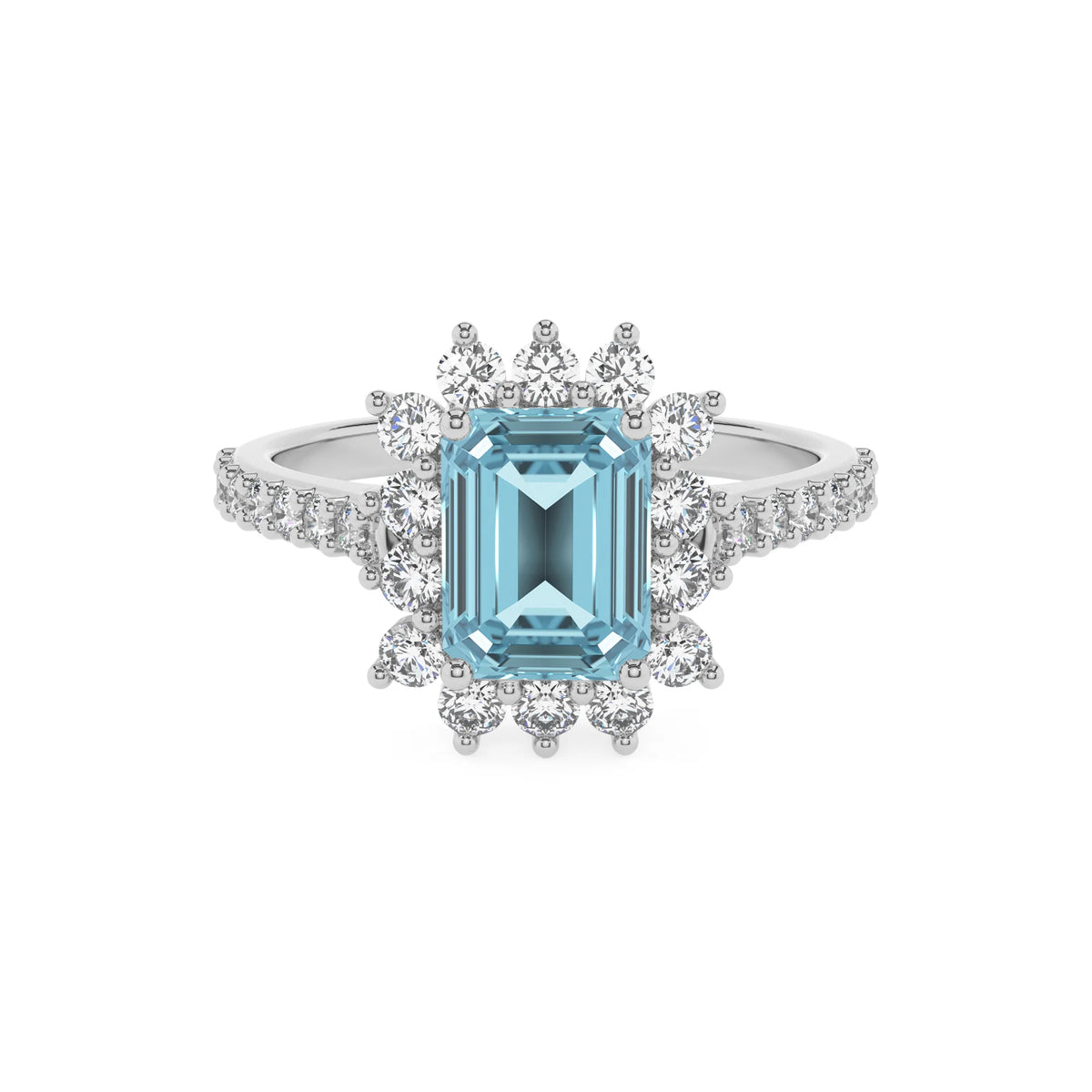 lab grown aquamarine emerald cut solitaire rings in white gold 
