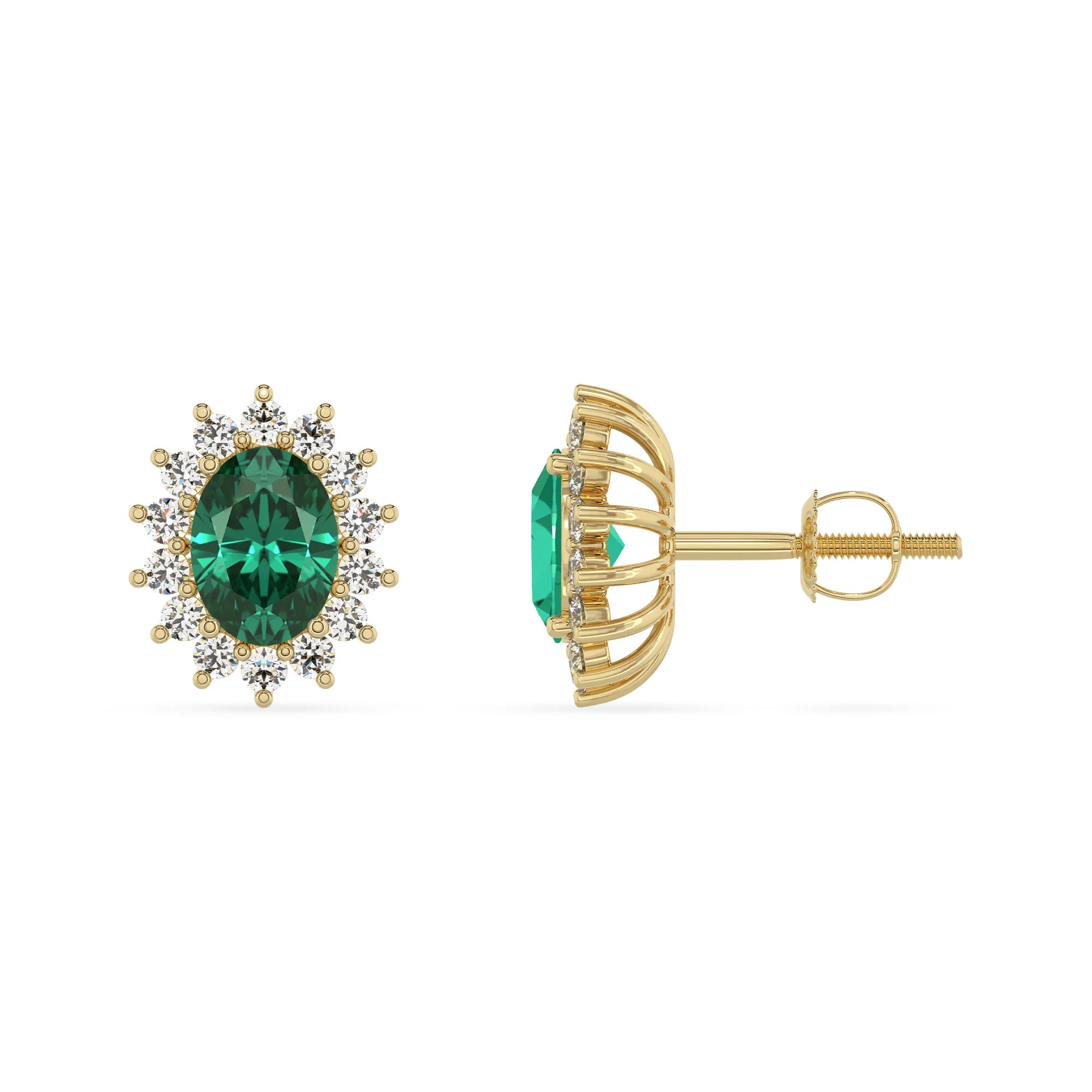 lab grown emerald oval stud earrings in yellow gold 