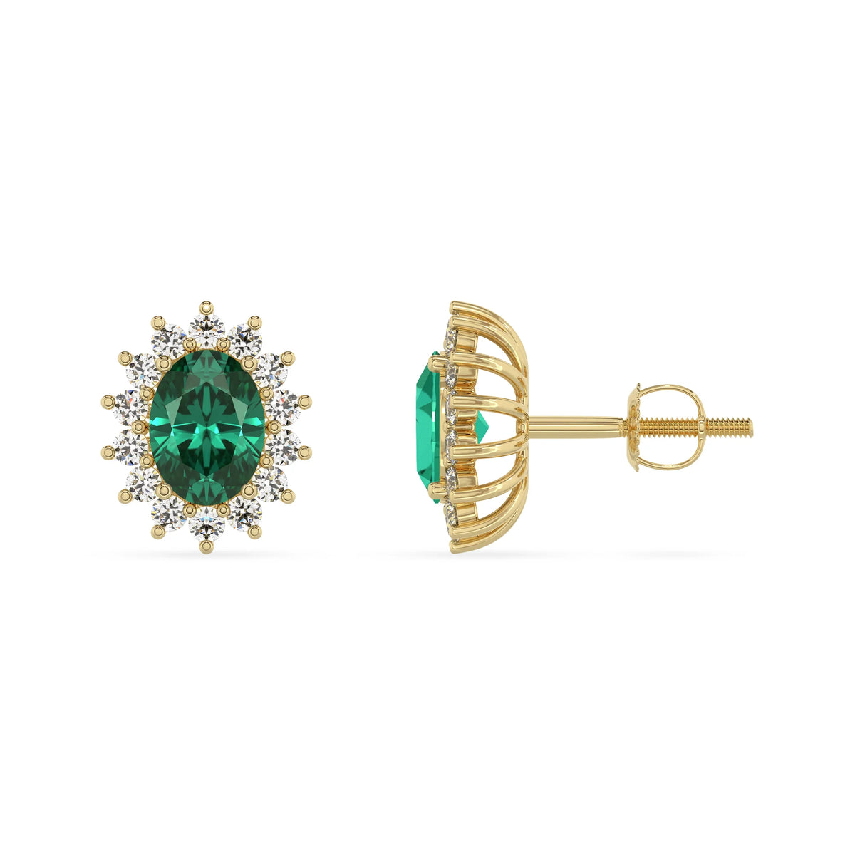 lab grown emerald oval stud earrings in yellow gold 