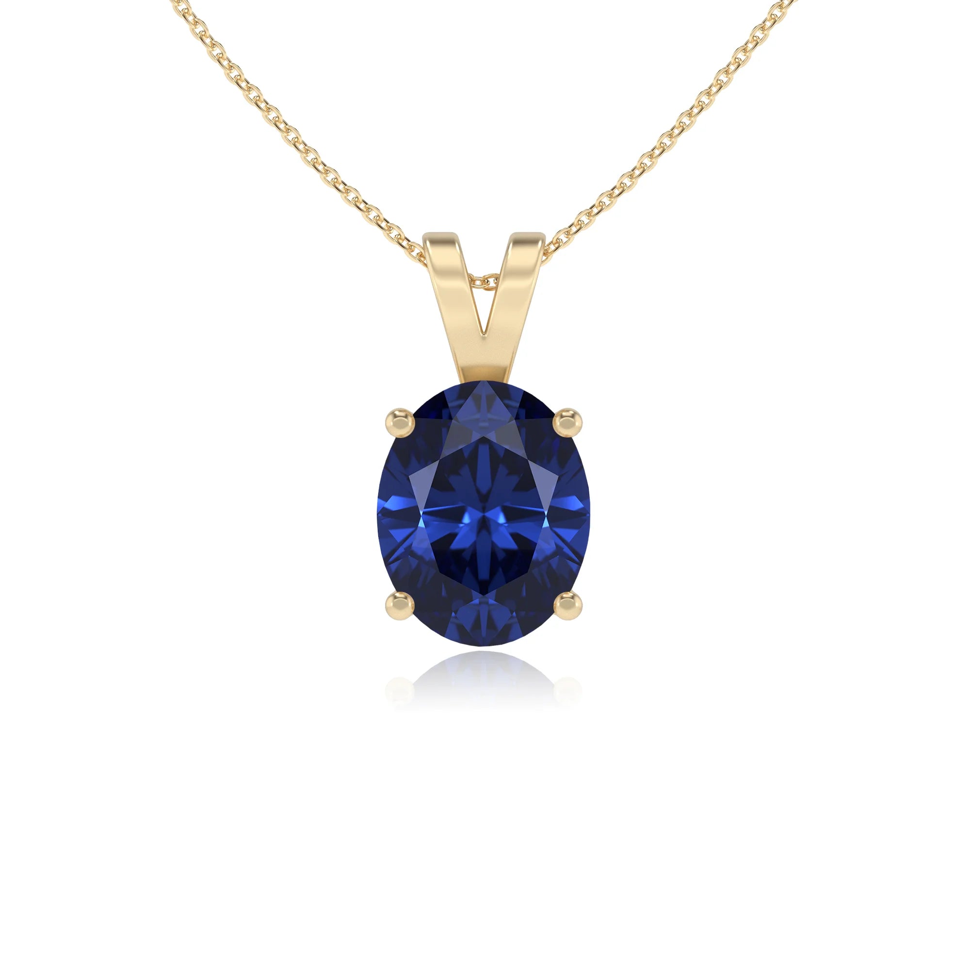 lab grown blue-sapphire oval solitaire v-bale necklaces in yellow gold 