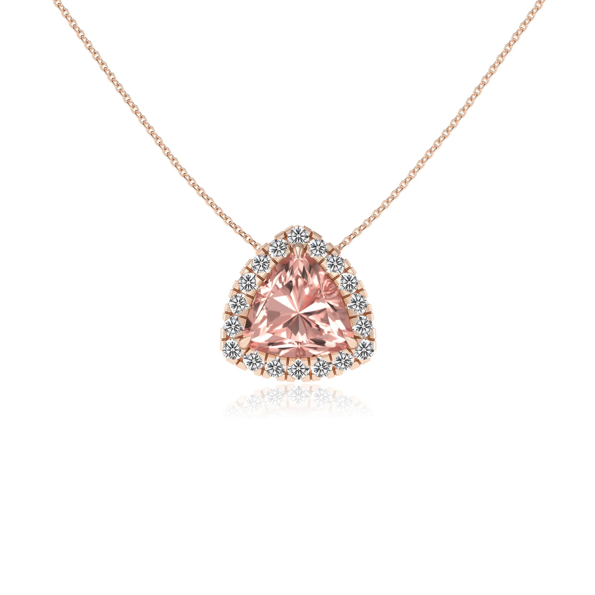 lab grown morganite trillion solitaire necklaces in rose gold 
