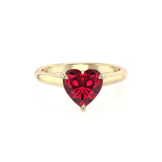 lab grown ruby heart solitaire rings in yellow gold 