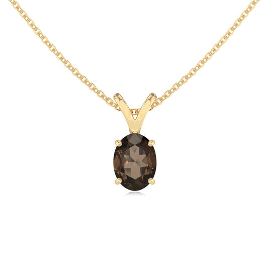 natural smoky-quartz oval solitaire v-bale necklaces in yellow gold 