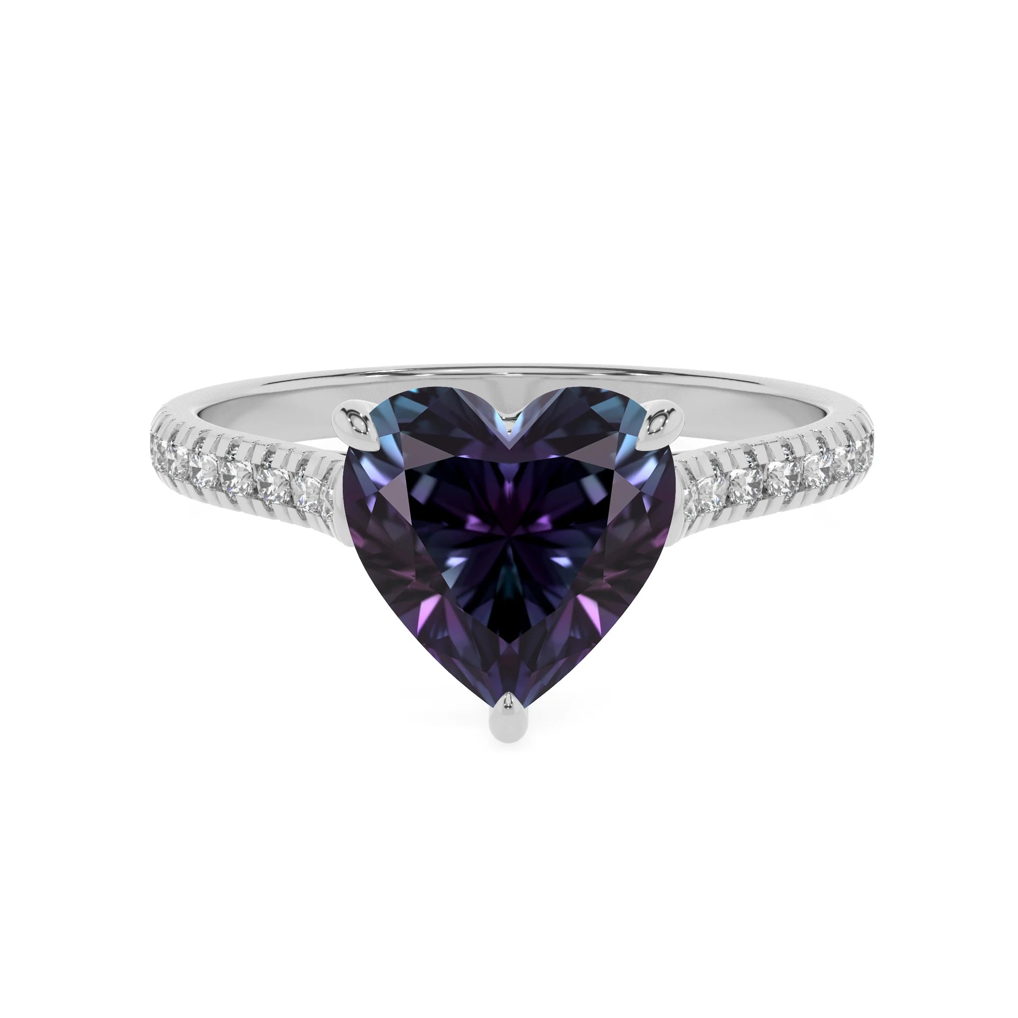 lab grown alexandrite heart half eternity solitaire engagement rings in white gold 