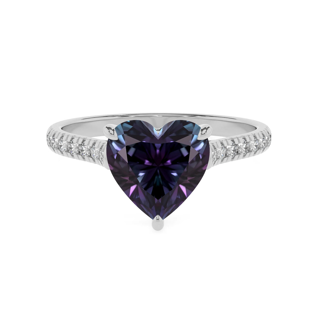 lab grown alexandrite heart half eternity solitaire engagement rings in white gold 
