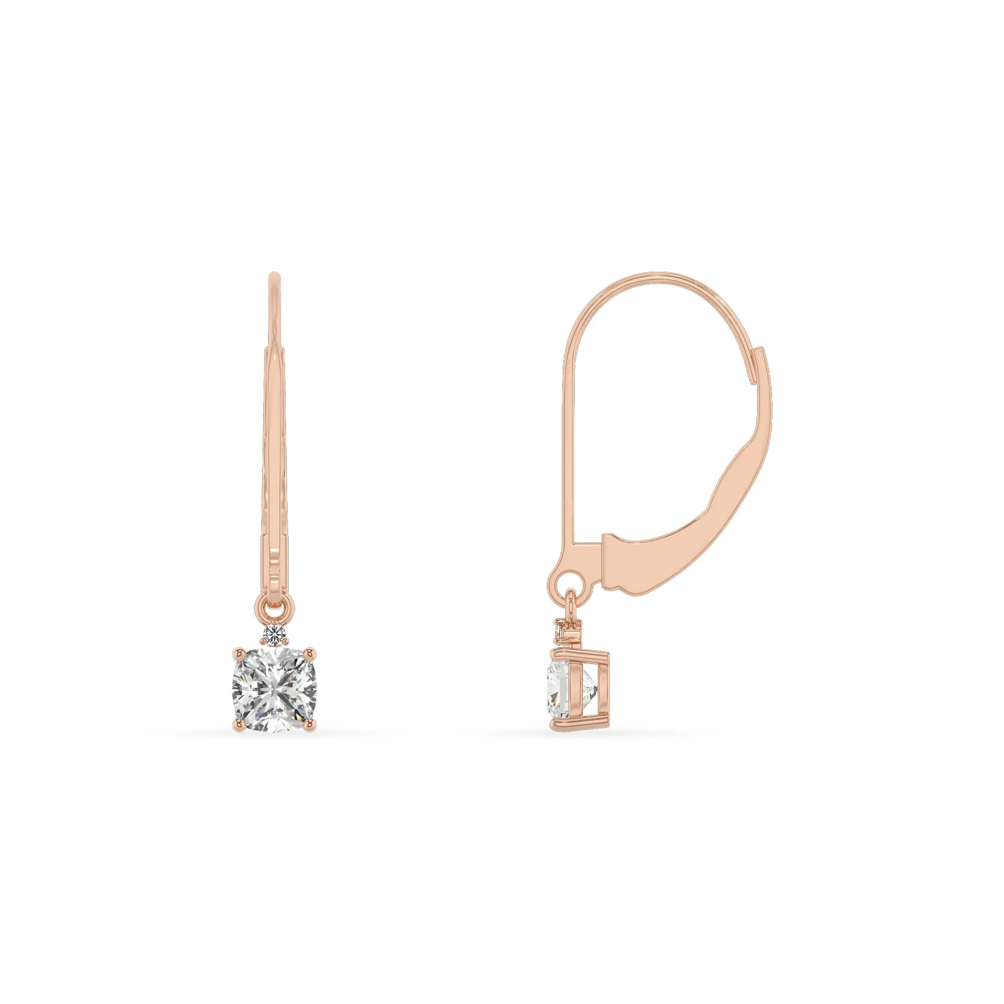 lab grown moissanite cushion drop earrings in rose gold 