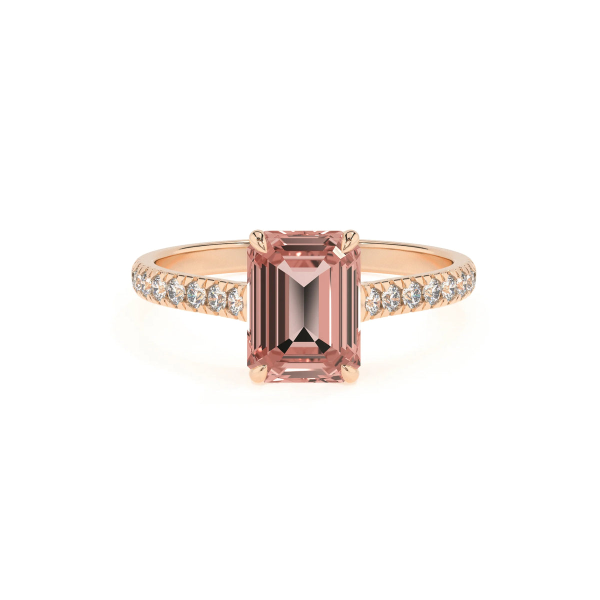 lab grown morganite emerald cut half eternity solitaire engagement rings in rose gold 