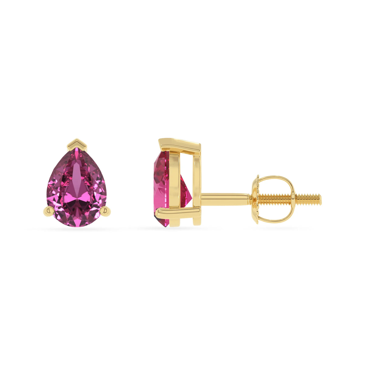 lab grown pink sapphire pear stud earrings in yellow gold 