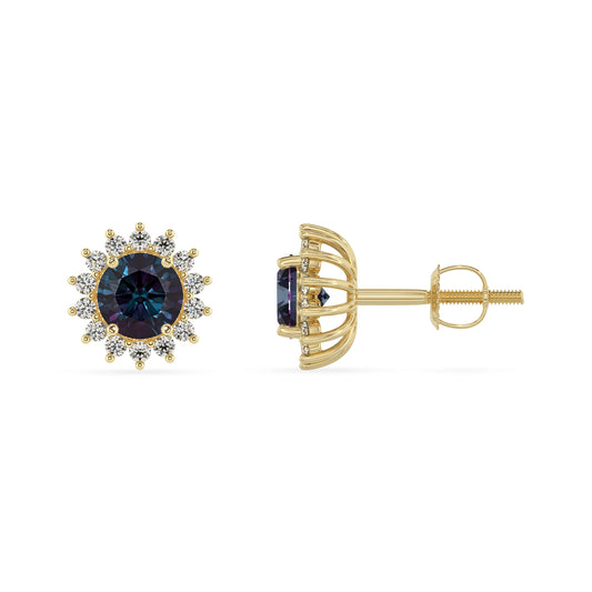lab grown alexandrite round stud earrings in yellow gold 