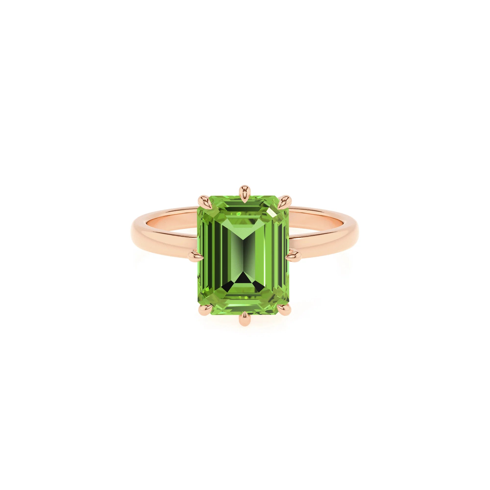 natural peridot emerald cut solitaire rings in rose gold 