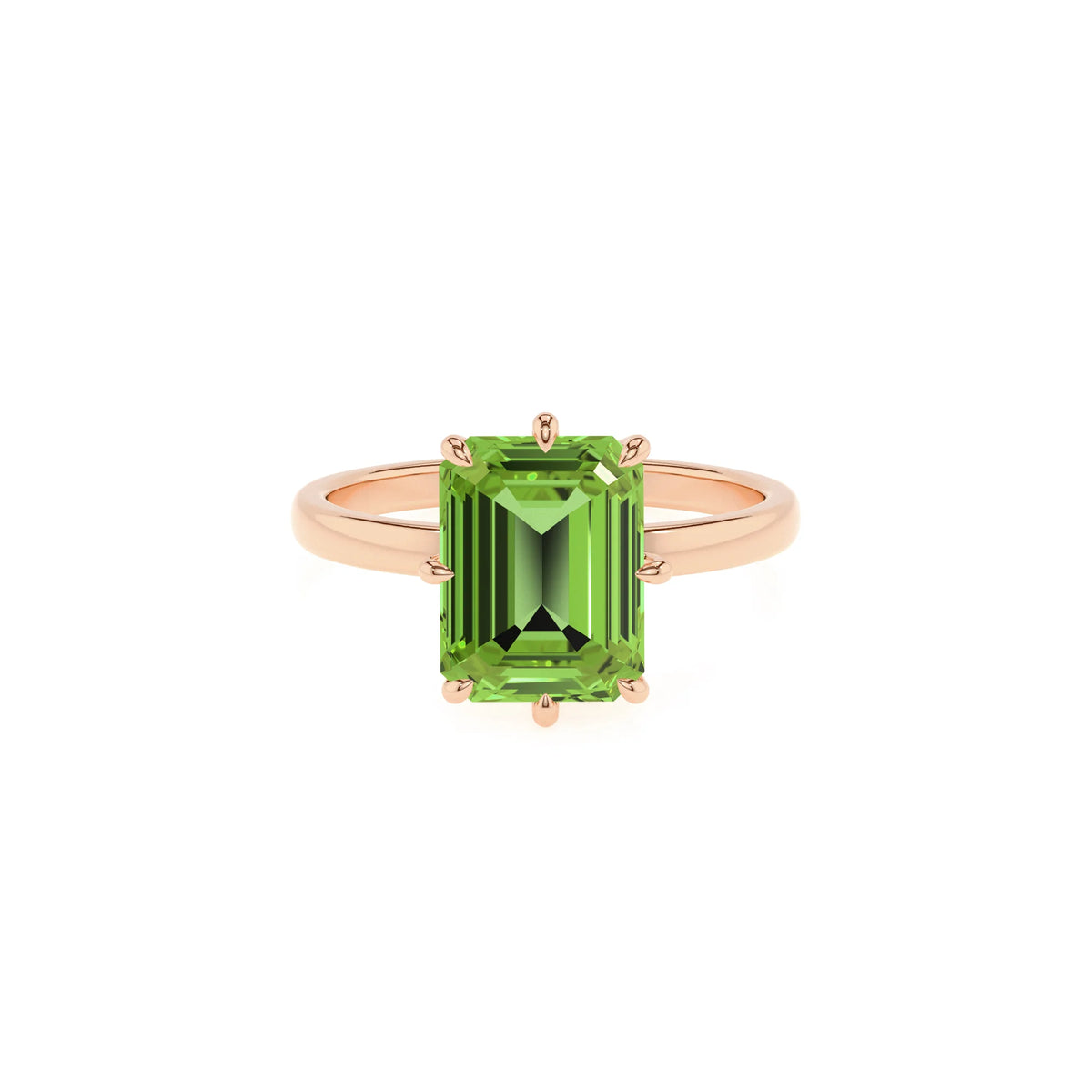 natural peridot emerald cut solitaire rings in rose gold 