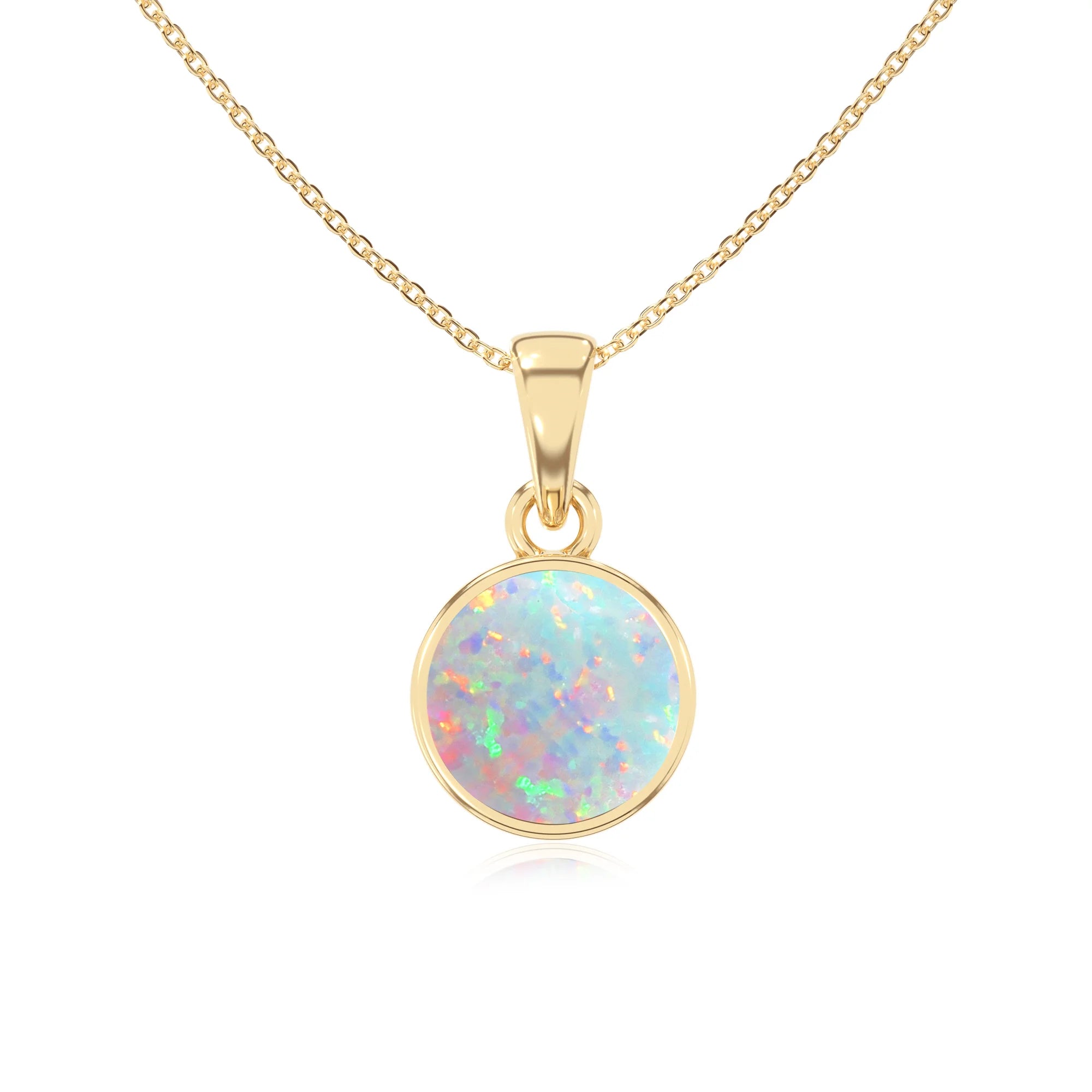 lab grown opal round solitaire necklaces in yellow gold 