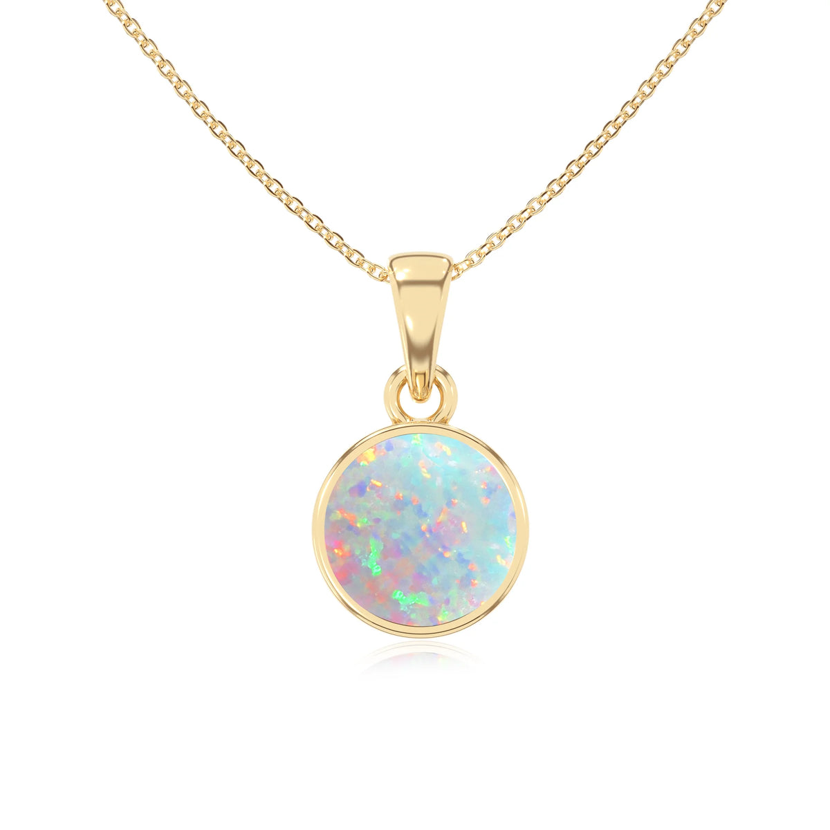 lab grown opal round solitaire necklaces in yellow gold 
