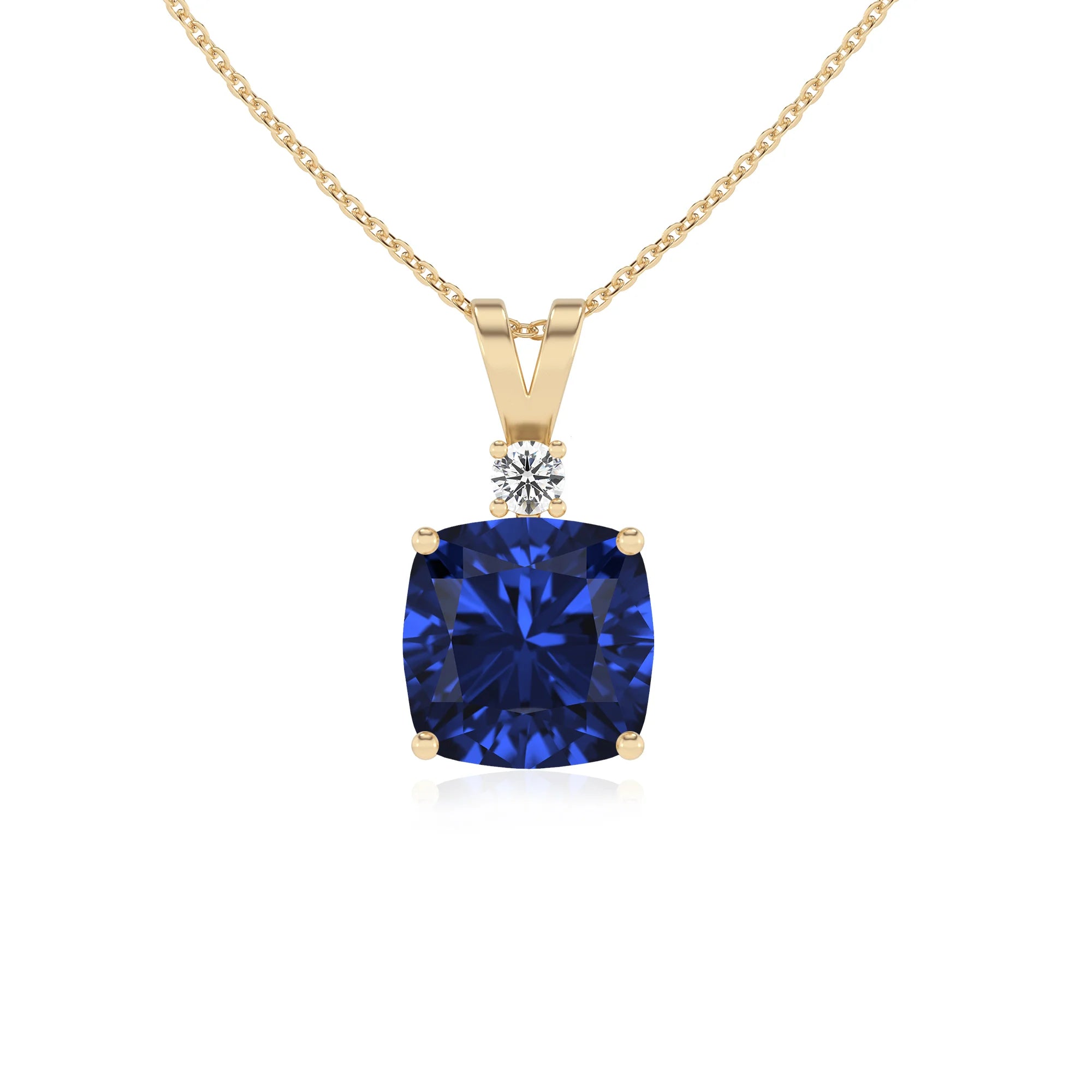 lab grown blue-sapphire cushion solitaire v-bale necklaces in yellow gold 