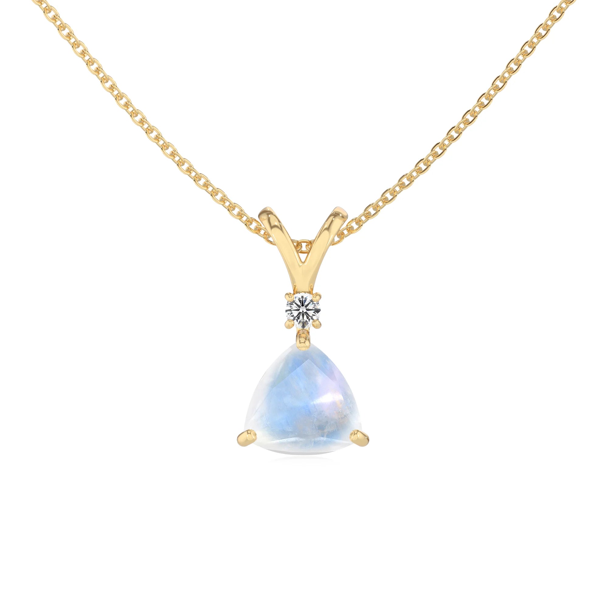 natural rainbow-moonstone trillion solitaire v-bale necklaces in yellow gold 