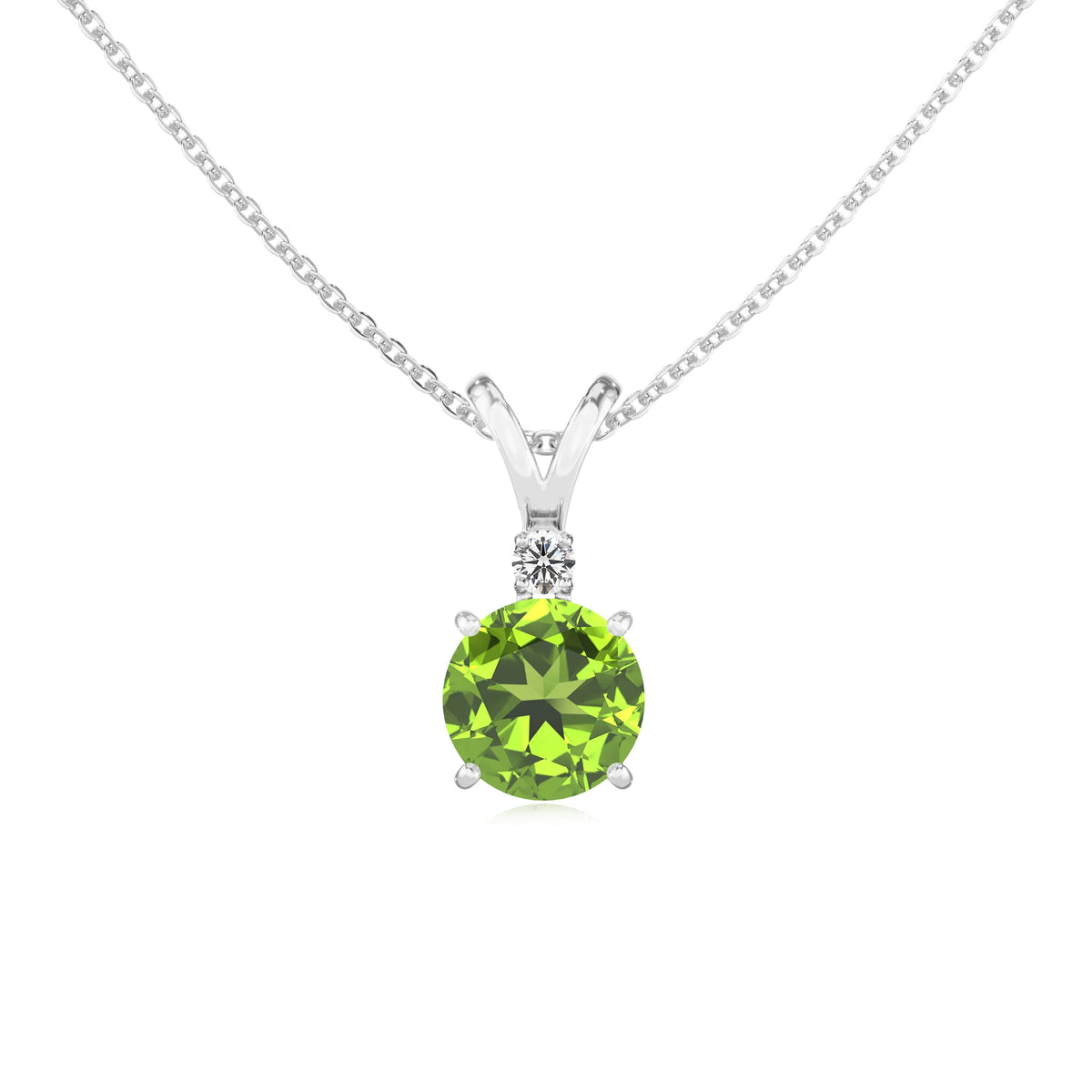 natural peridot round solitaire v-bale necklaces in white gold 