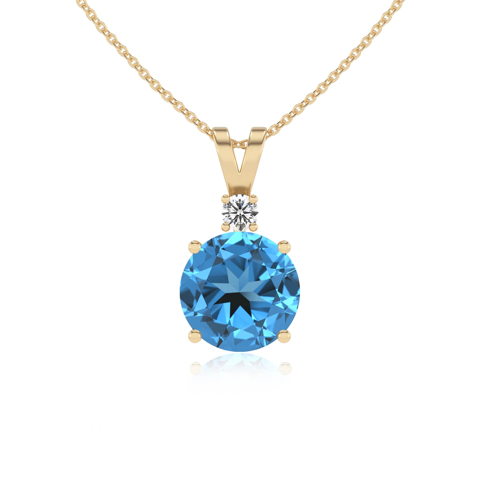 natural swiss-blue-topaz round solitaire v-bale necklaces in yellow gold 