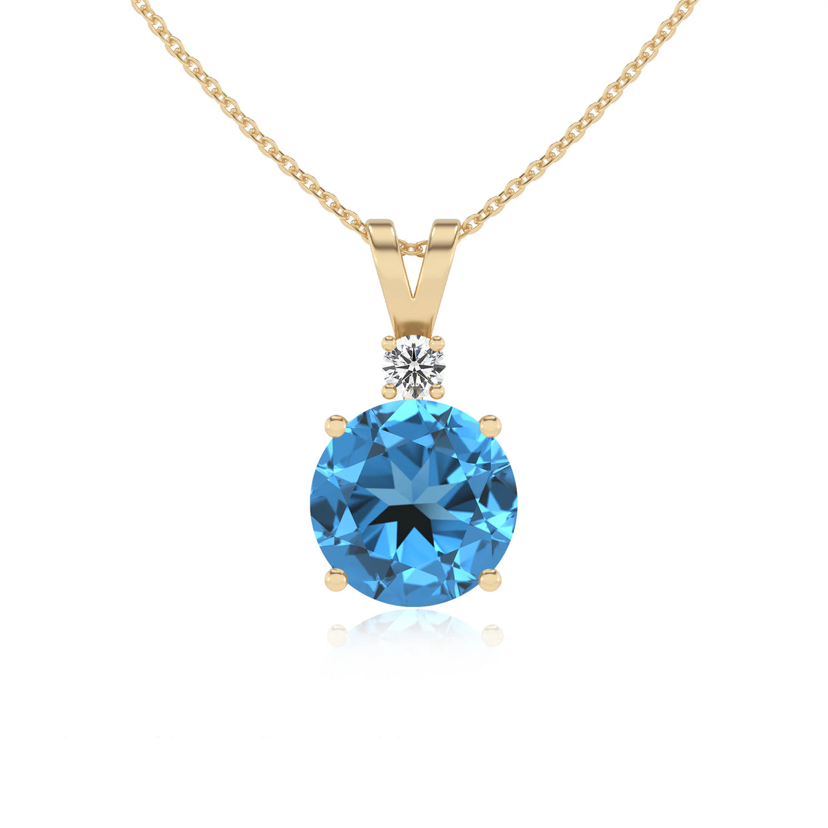 natural swiss-blue-topaz round solitaire v-bale necklaces in yellow gold 