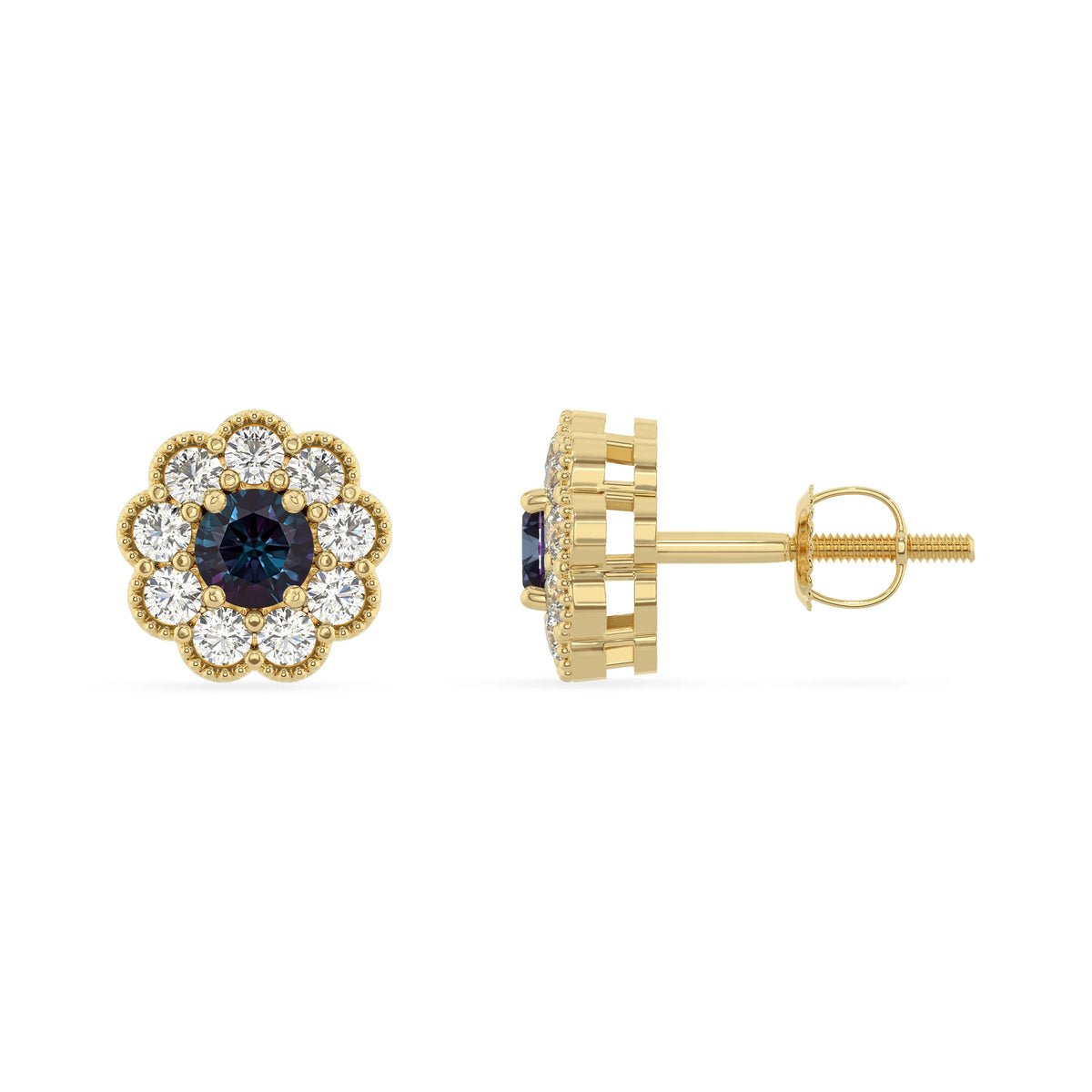 lab grown alexandrite round stud earrings in yellow gold 