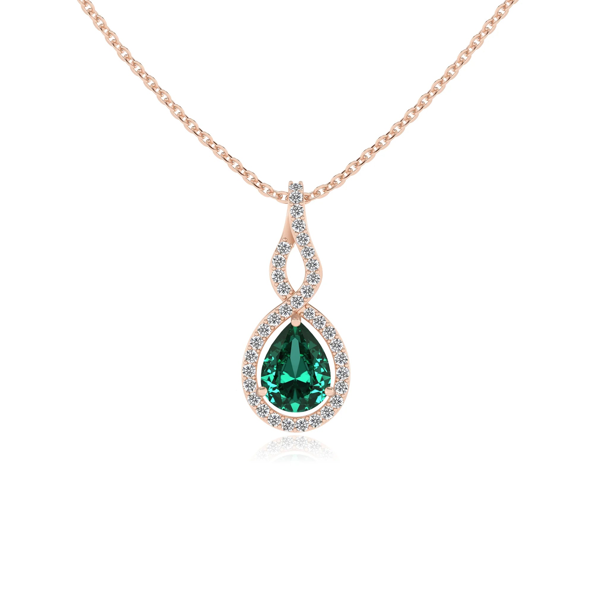 lab grown emerald pear necklaces in rose gold 