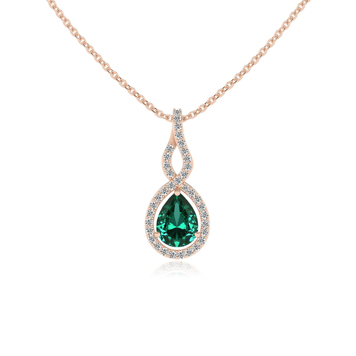 lab grown emerald pear necklaces in rose gold 