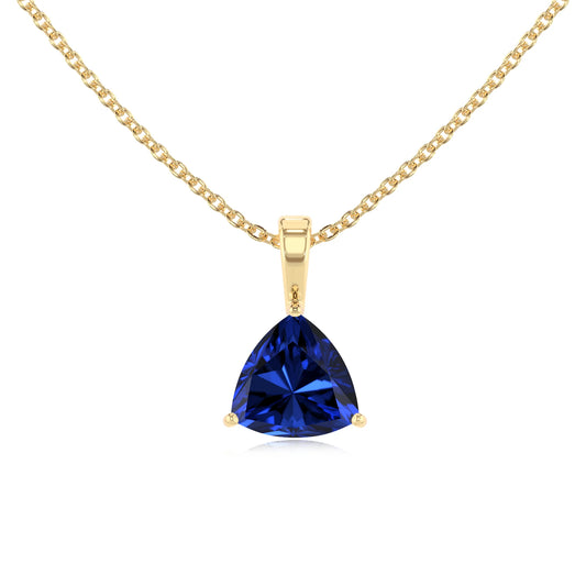 lab grown blue-sapphire trillion solitaire necklaces in yellow gold 