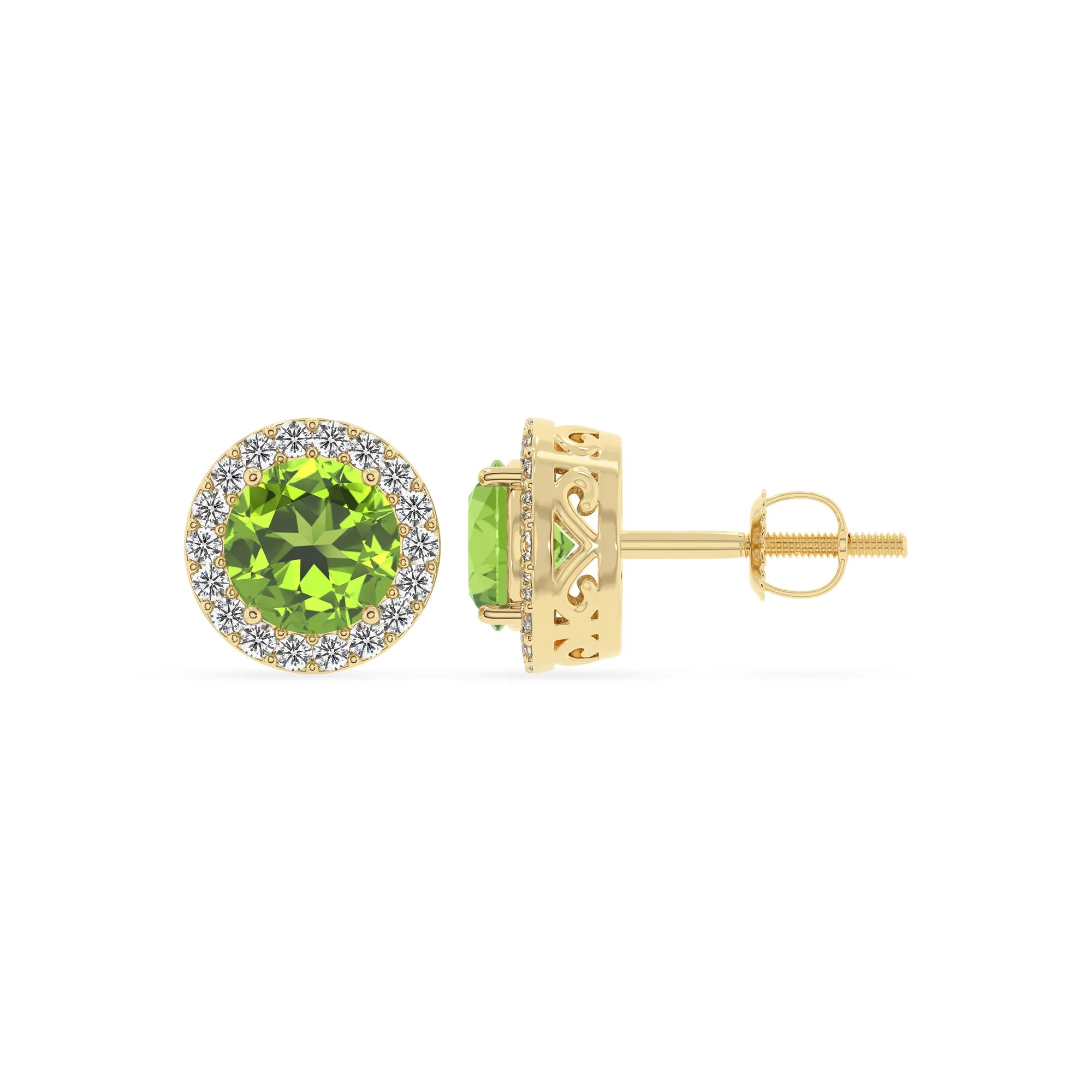 natural peridot round stud earrings in yellow gold 