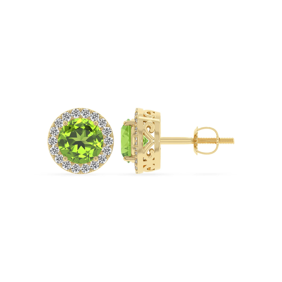 natural peridot round stud earrings in yellow gold 