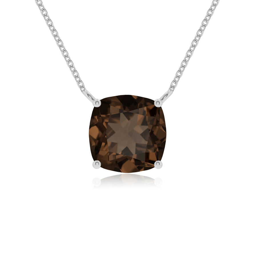 natural smoky-quartz cushion solitaire necklaces in white gold 