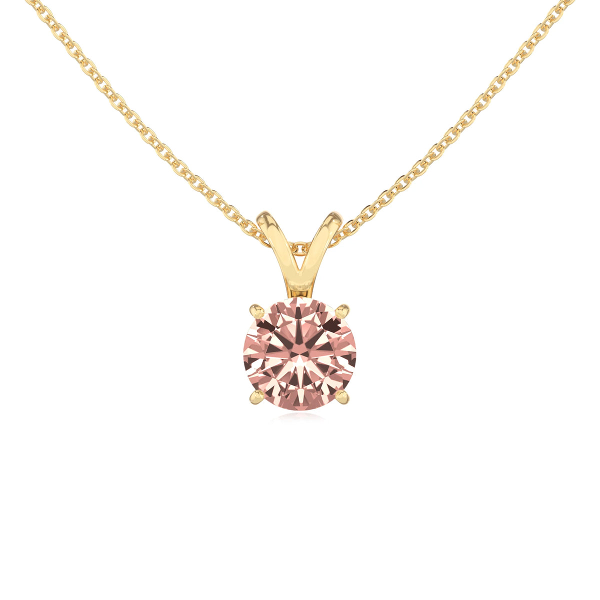 lab grown morganite round solitaire v-bale necklaces in yellow gold 