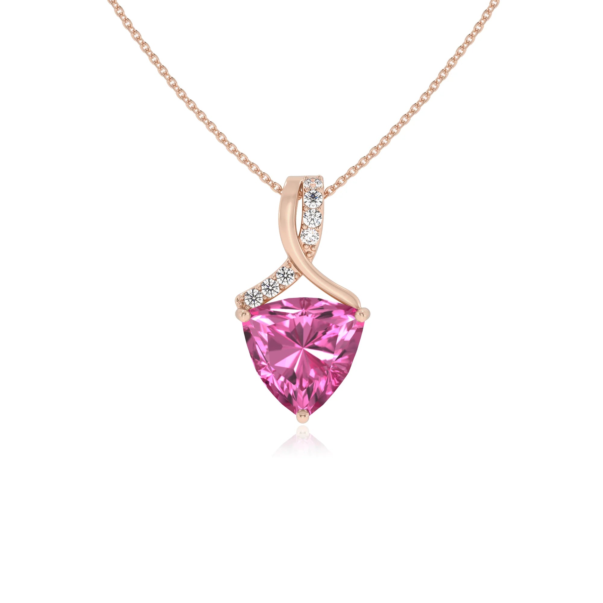 lab grown pink-sapphire trillion solitaire necklaces in rose gold 