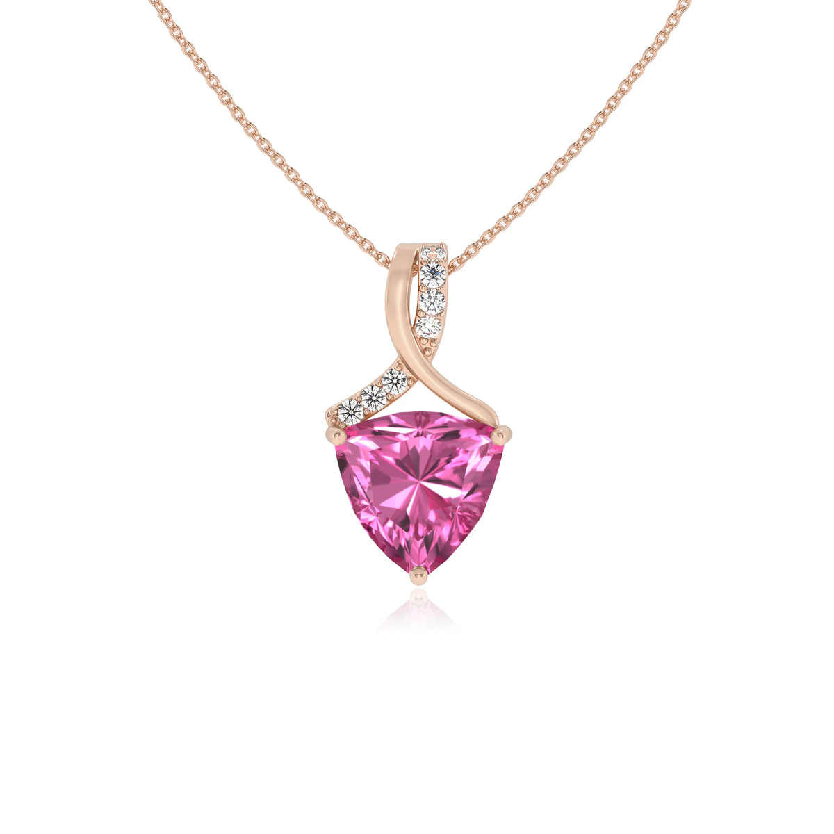 lab grown pink-sapphire trillion solitaire necklaces in rose gold 