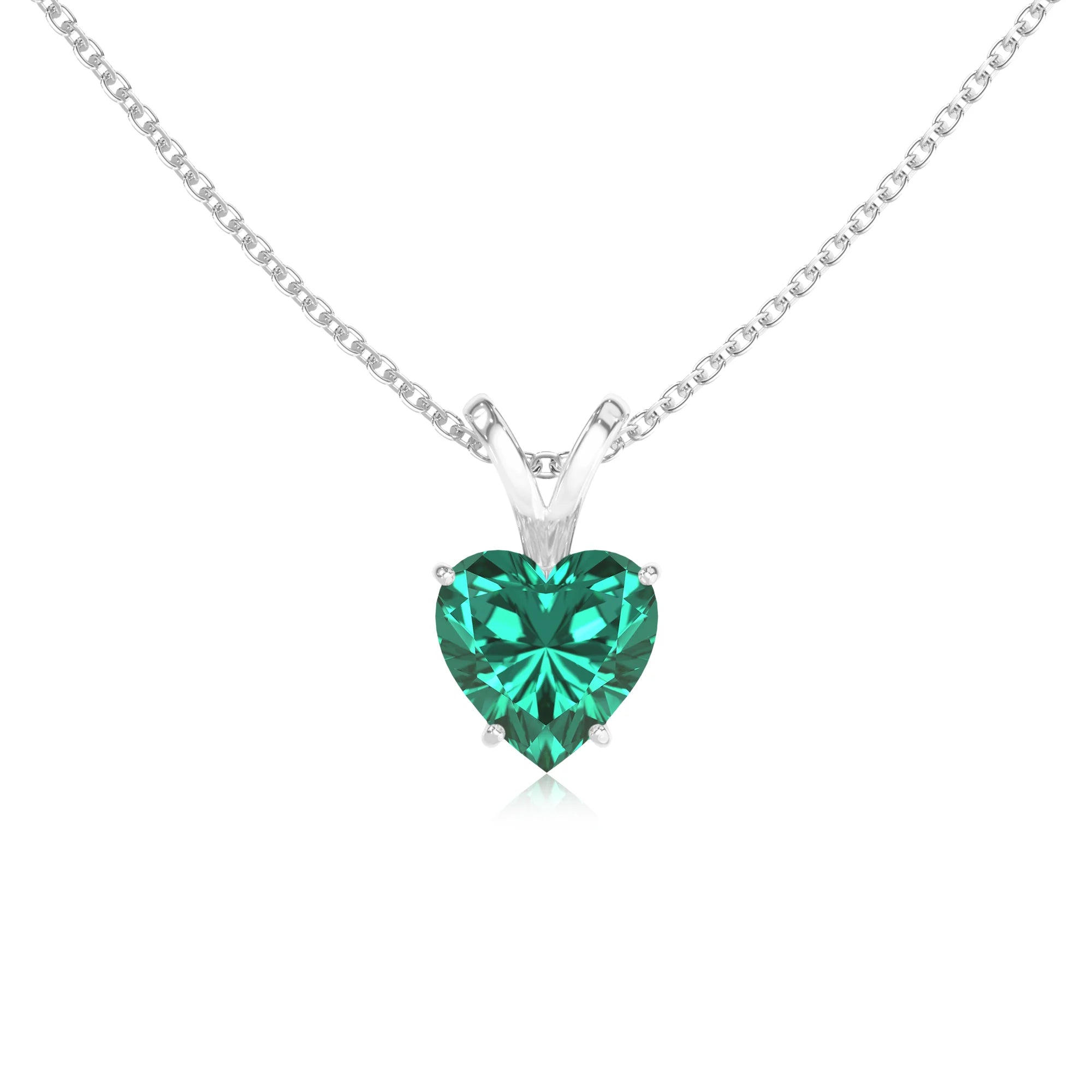 lab grown emerald heart solitaire v-bale necklaces in sterling silver 