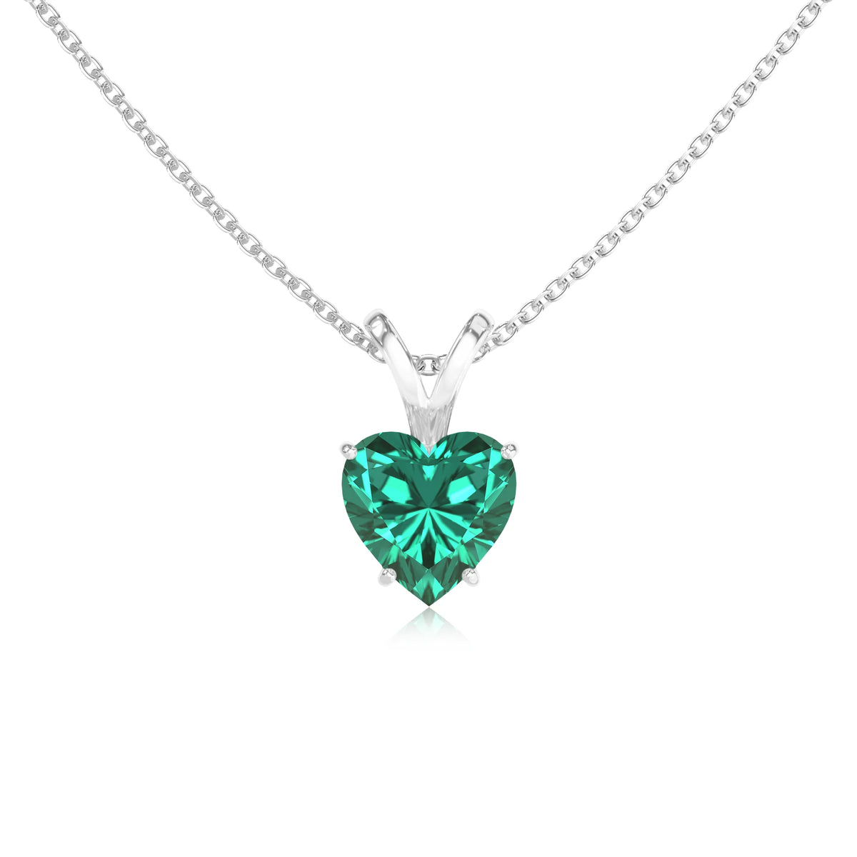lab grown emerald heart solitaire v-bale necklaces in sterling silver 