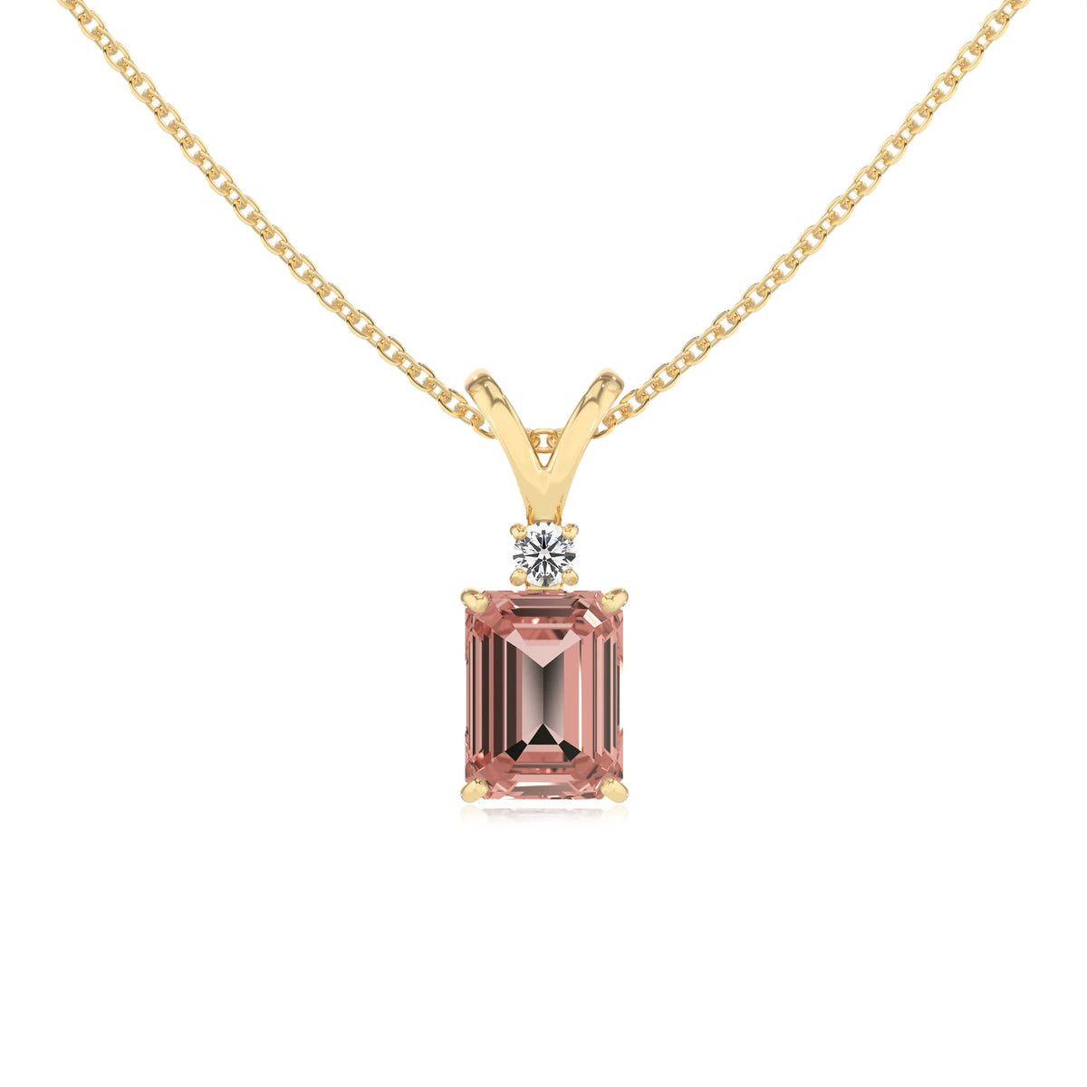 lab grown morganite emerald cut solitaire v-bale necklaces in yellow gold 