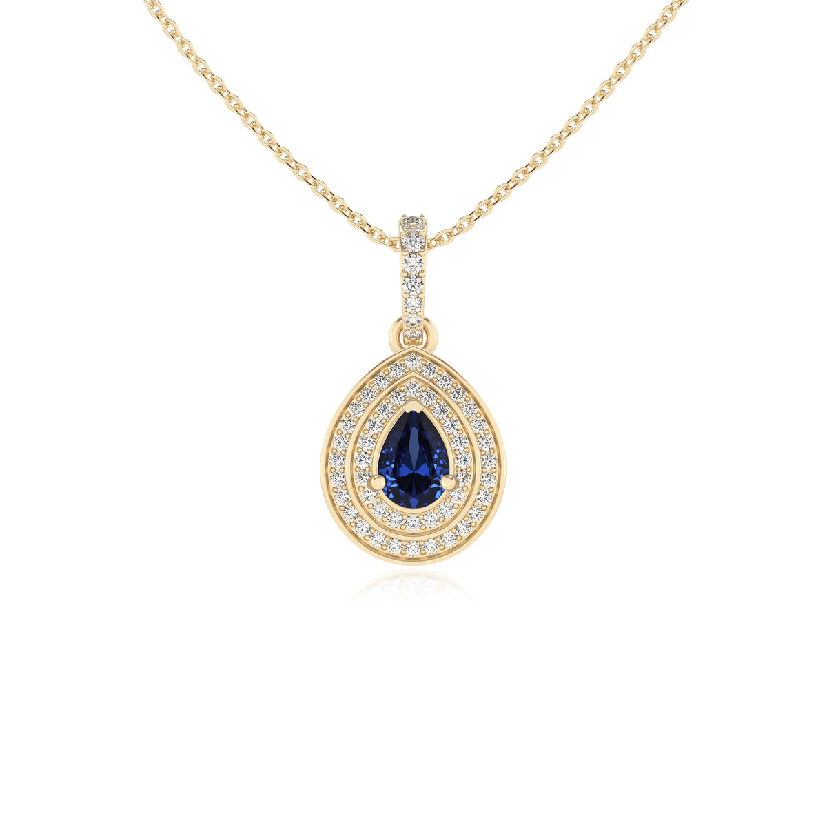 lab grown blue-sapphire pear halo necklaces in yellow gold 