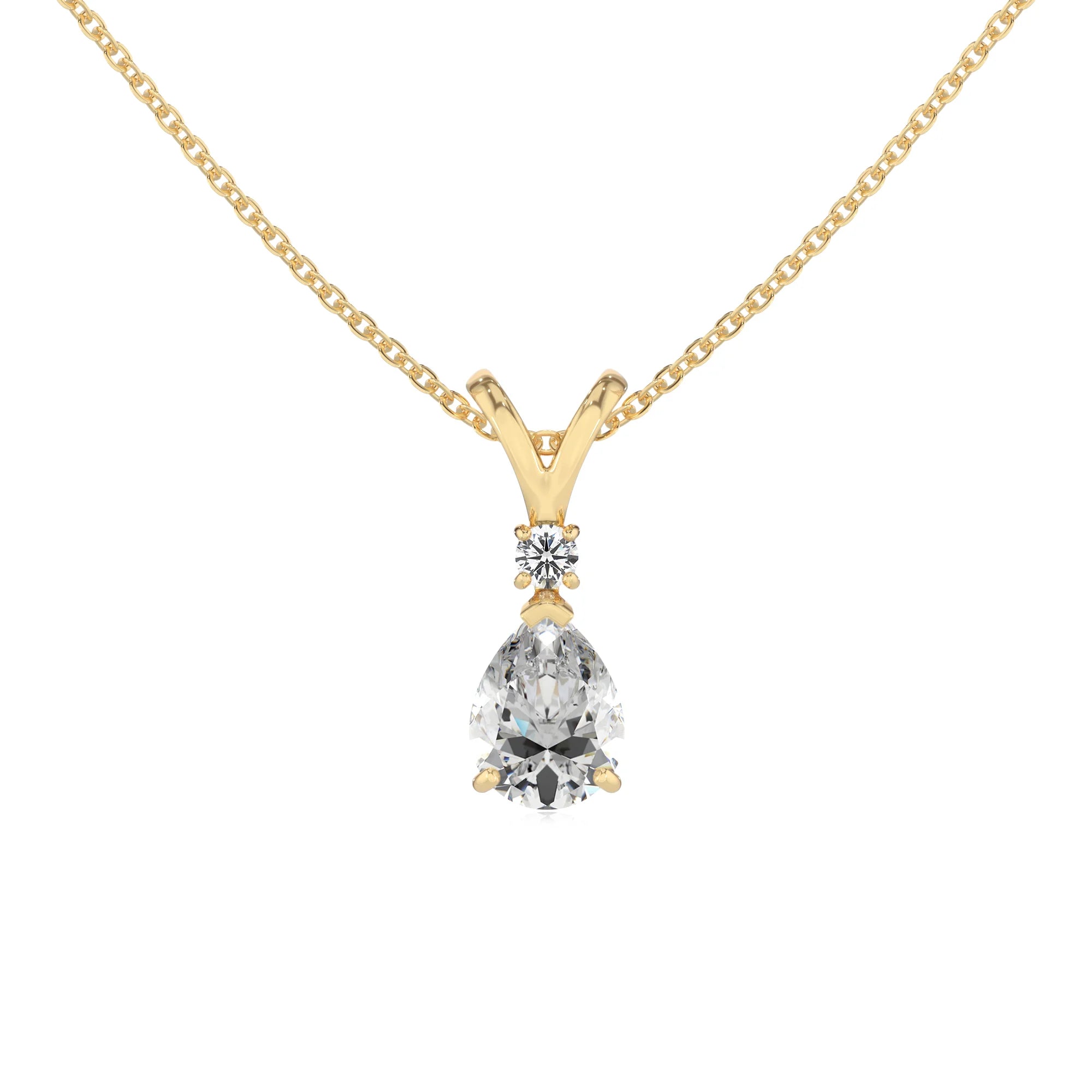 lab grown moissanite pear solitaire v-bale necklaces in yellow gold 