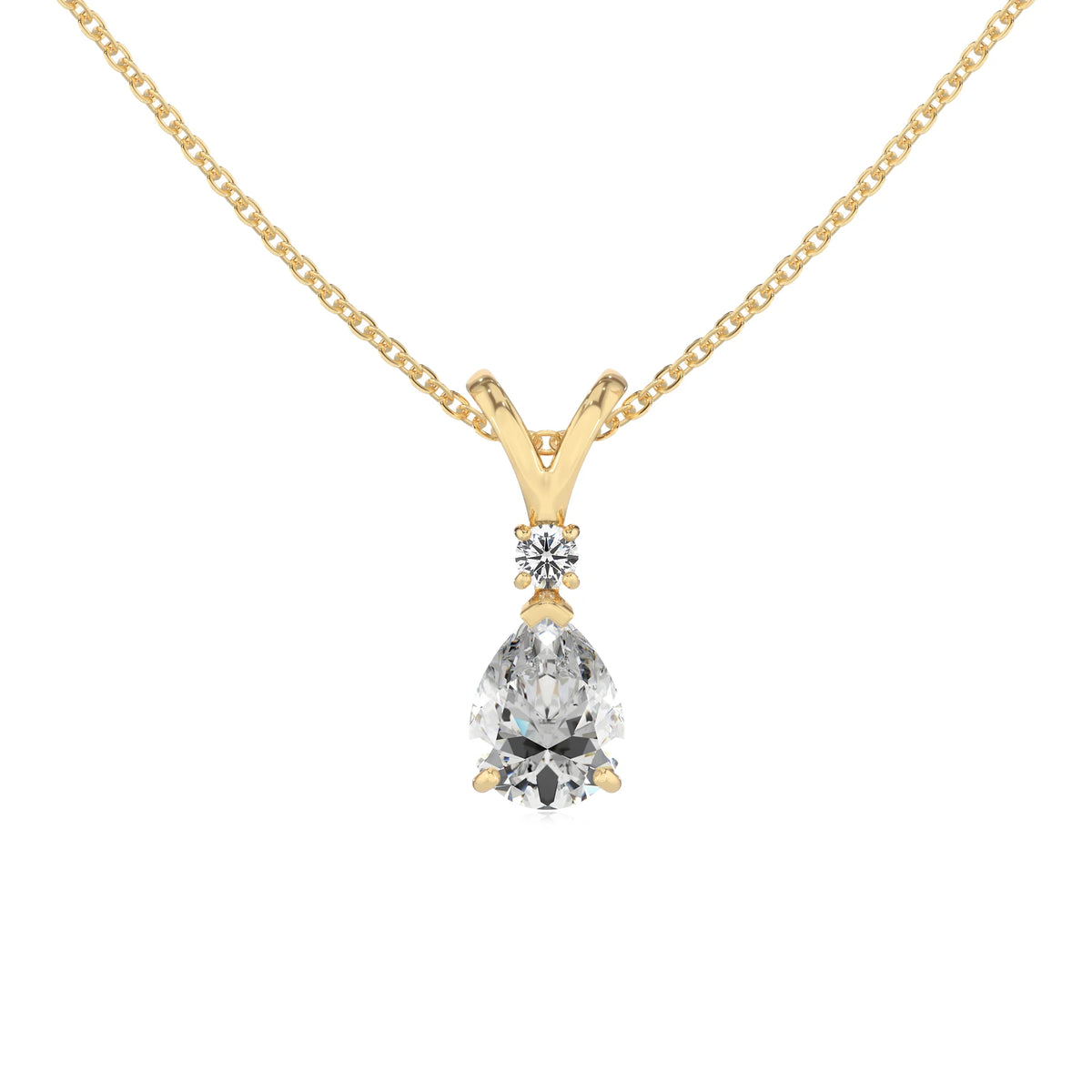 lab grown moissanite pear solitaire v-bale necklaces in yellow gold 