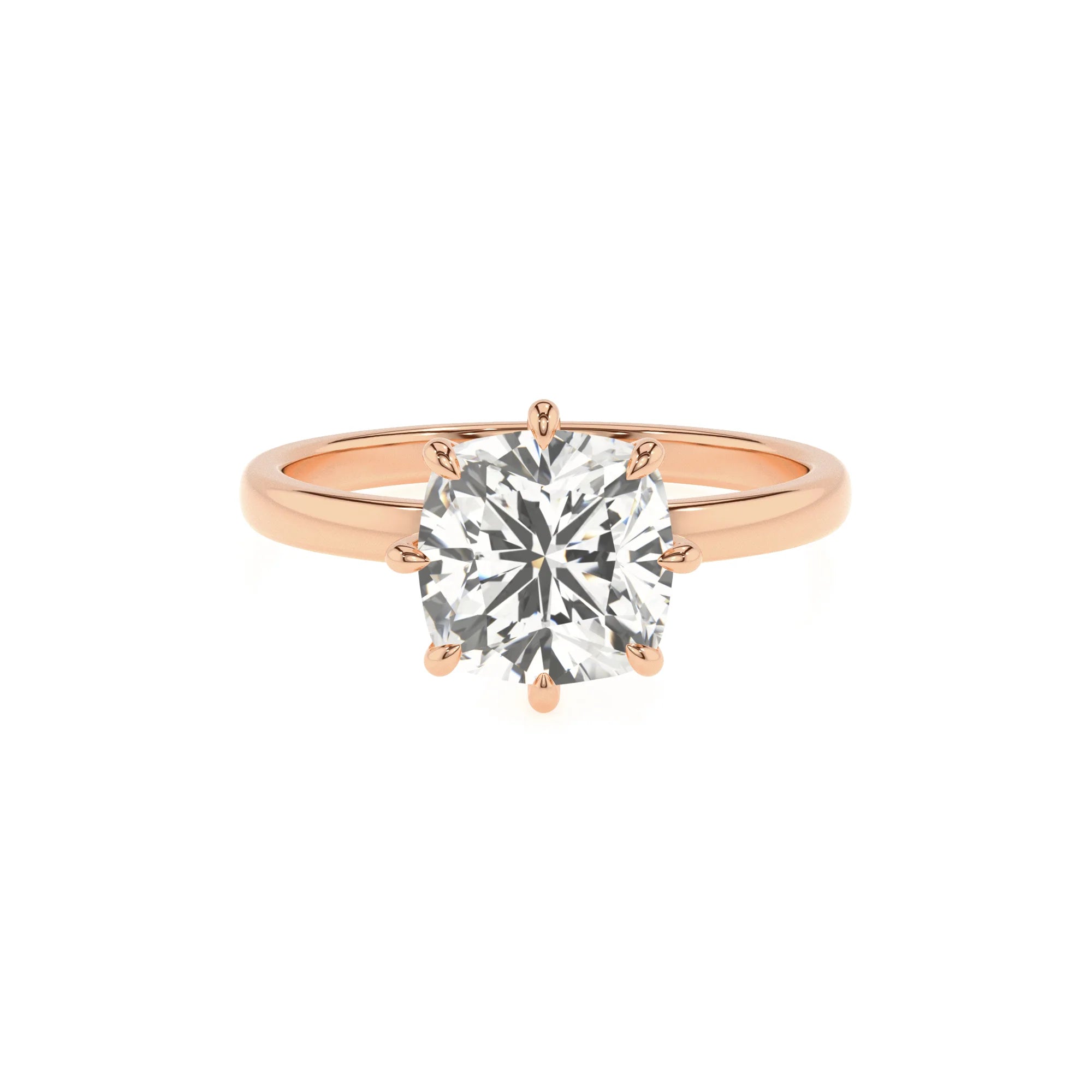 lab grown moissanite cushion solitaire rings in rose gold 