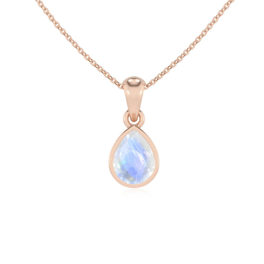natural rainbow-moonstone pear solitaire necklaces in rose gold 