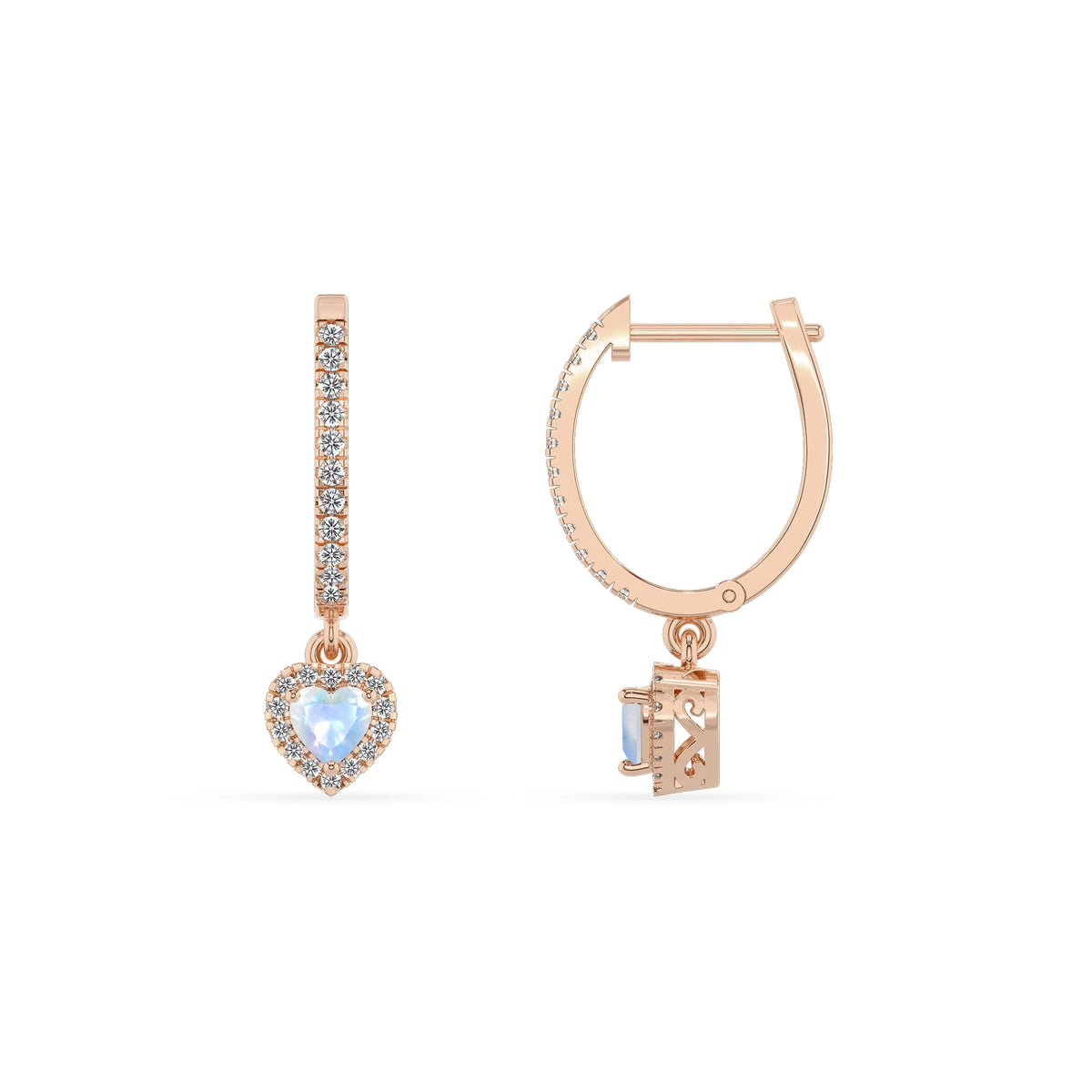 natural rainbow moonstone heart drop earrings in rose gold 