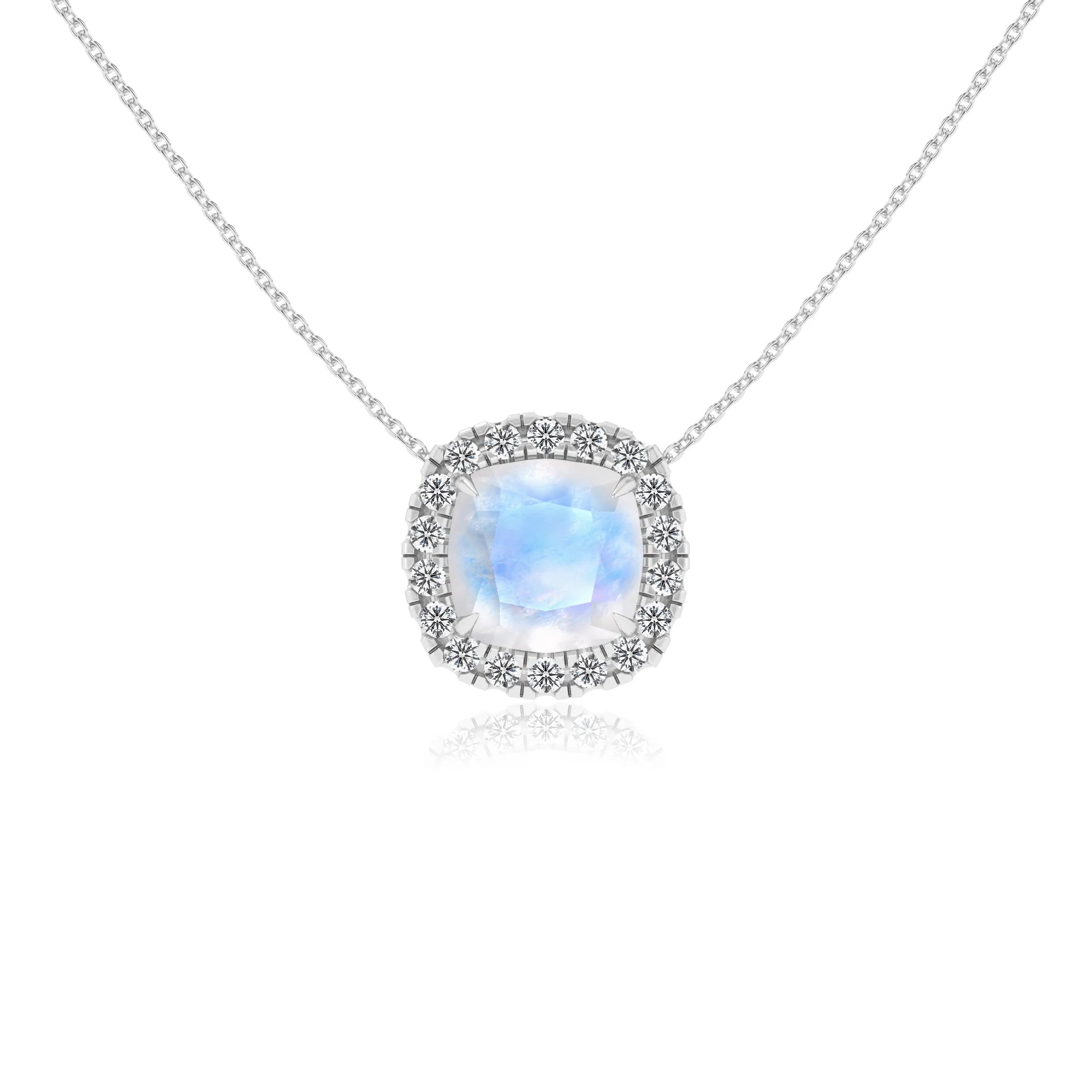 natural rainbow moonstone cushion solitaire necklaces in white gold 