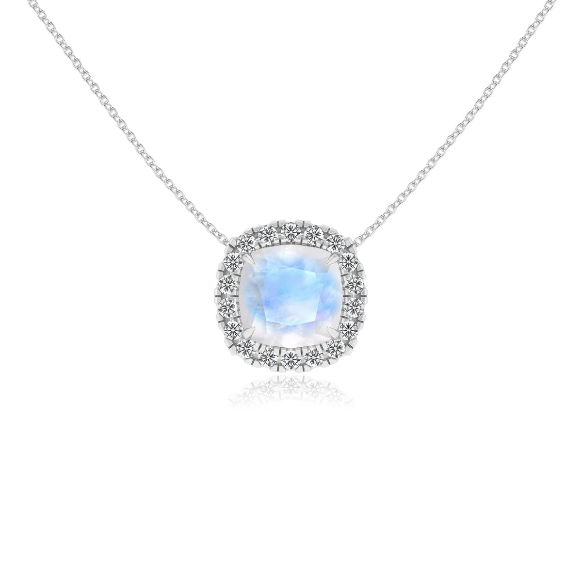 natural rainbow moonstone cushion solitaire necklaces in white gold 