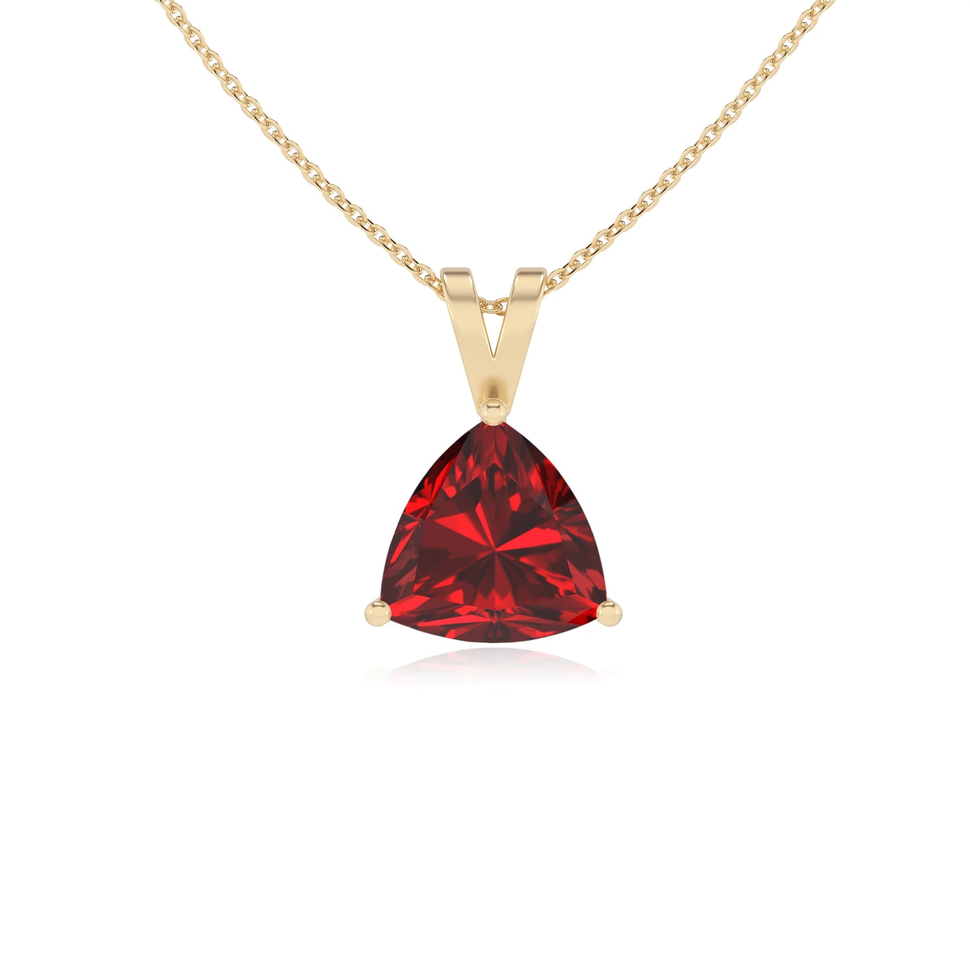lab grown ruby trillion solitaire v-bale necklaces in yellow gold 